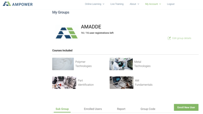 Additive Manufacturing Training Online Learning Group Functionality